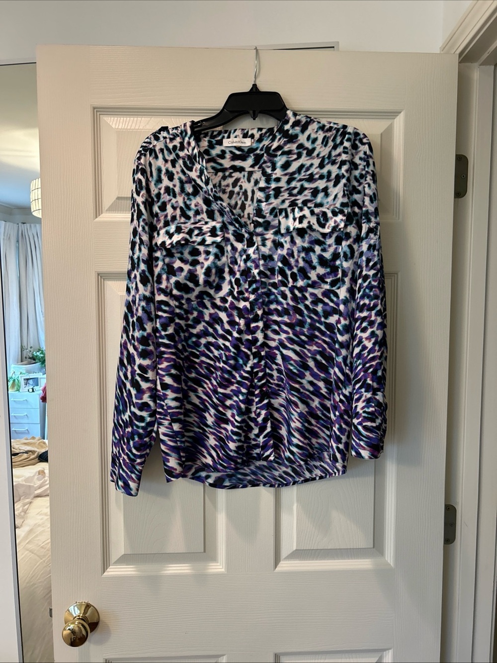 Calvin Klein Purple and Black Animal Print V-Neck Blouse